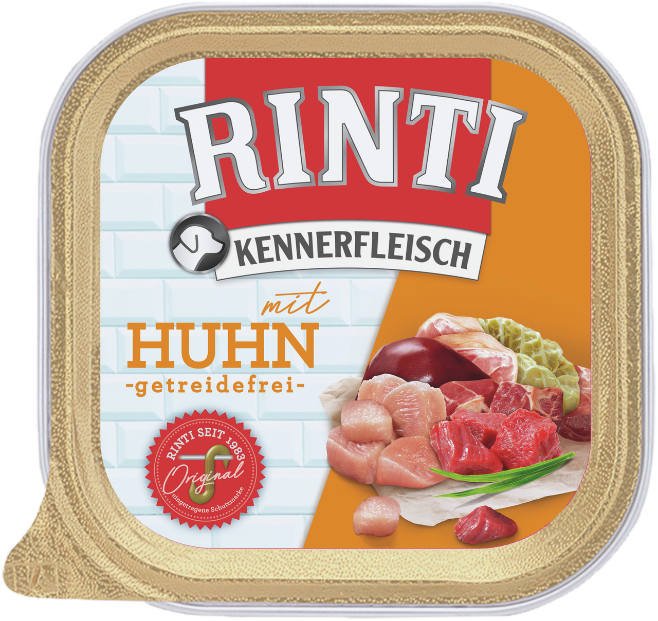 RINTI Kennerfleisch Huhn, getreidefrei, für Hunde, 300 g, mit frischen Fleischstücken.