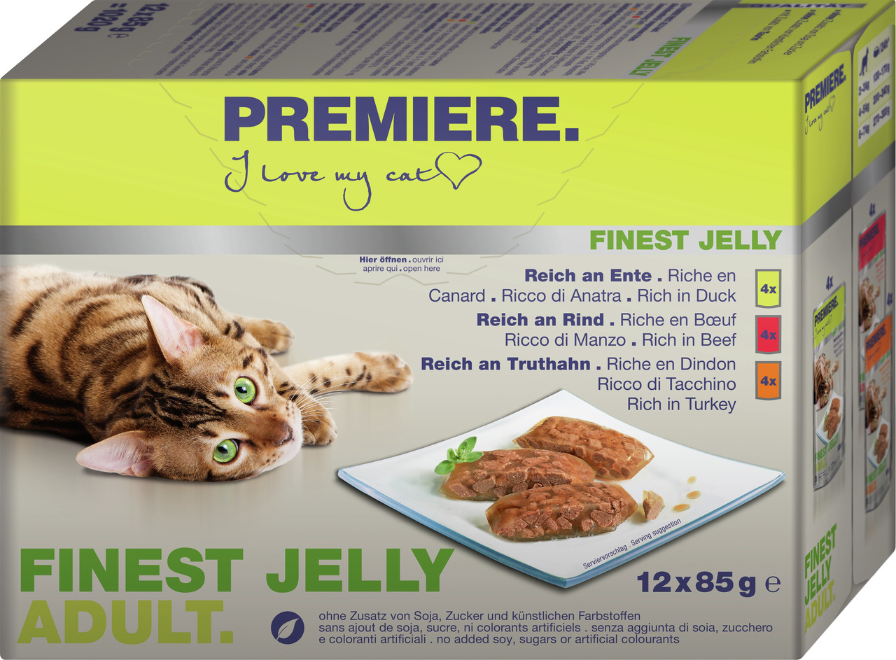 PREMIERE Finest Jelly Adult, Katzenfutter f. ausgewachsene Katzen, Ente/Rind/Truthahn, 12x85g, ohne Soja, Zucker, künstl. Farbstoffe.