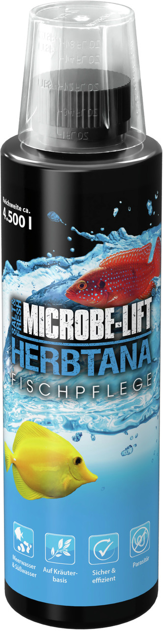 MICROBE-LIFT Herbtana Fischpflege, 4.500 l, für Meer--Süßwasser, Kräuterextrakte, sicher & effizient gg. Parasiten, rote-gelbe Fische.