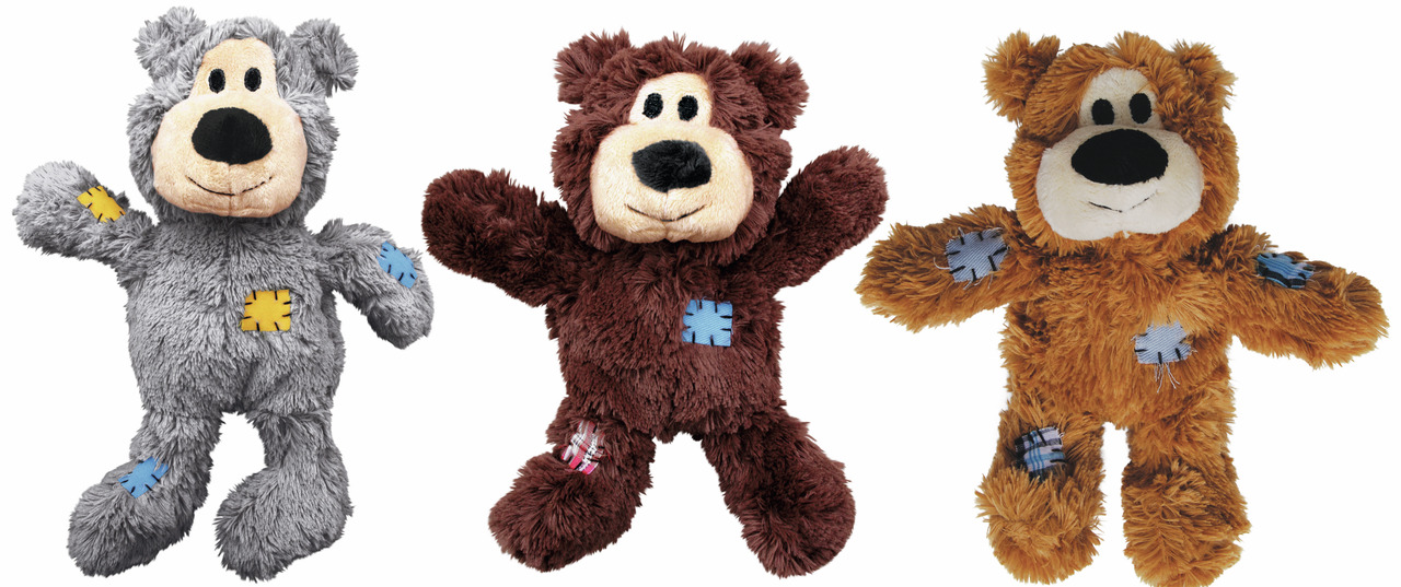 KONG Plüschbären-Set (3 Stk.), für Hunde, Farben: Grau-Braun-Orange, weich & robust, ideal zum Kauen & Kuscheln.