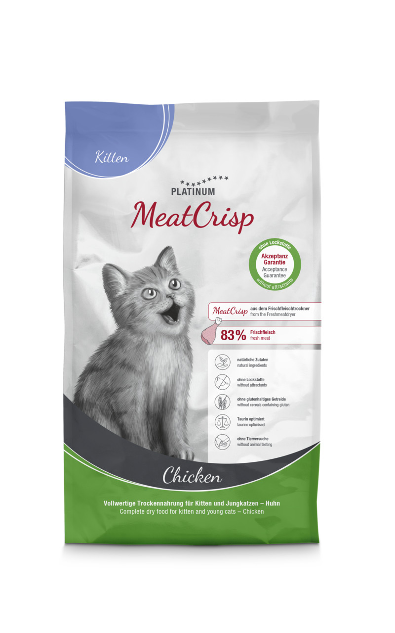 Das Bild zeigt eine Verpackung des Katzenfutters „PLATINUM MeatCrisp“ für Kitten und junge Katzen. Die Geschmacksrichtung ist Huhn, und die Packung enthält 83 % Frischfleisch. Es wird mit natürlichen Zutaten hergestellt, ist frei von Lockstoffen und glute