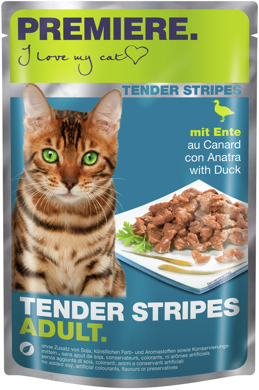 Das Bild zeigt eine Verpackung des Katzenfutters „PREMIERE Tender Stripes Adult“ mit Ente. Die Zielgruppe sind erwachsene Katzen. Die Geschmacksrichtung ist Ente, und das Produkt wird ohne Zusatz von Soja, künstlichen Farb- und Aromastoffen sowie Konservi