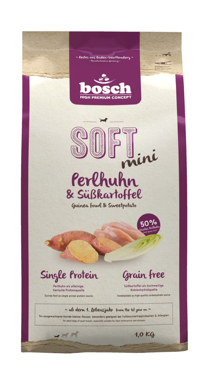 bosch SOFT mini Perlhuhn & Süßkartoffel, getreidefreies Alleinfutter für kl. Hunde, 1,0 kg, Geschm.: Perlhuhn & Süßkartoffel.