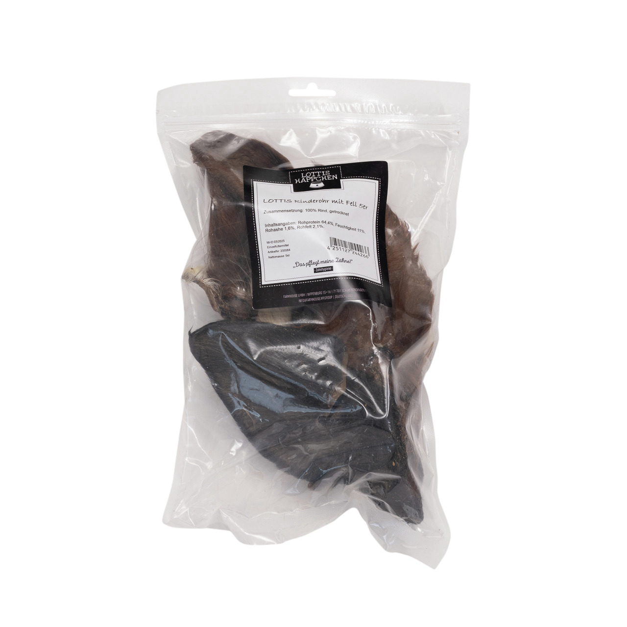 Lottis Häppchen Rinderohren m. Fell, natürl. Kausnack f. Hunde, 5 Stk.