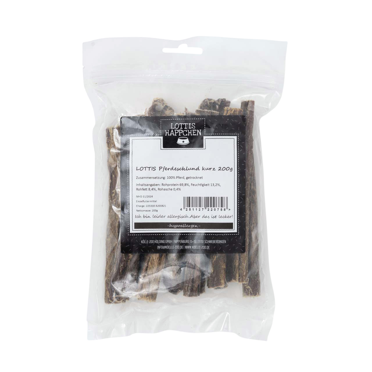 Das Bild zeigt eine transparente Verpackung mit der Aufschrift „LOTTIS HÄPPCHEN“. Es handelt sich um „LOTTIS Pferdeschlund kurz“ in einer Menge von 200 g. Das Produkt ist ein Hundesnack aus 100 % getrocknetem Pferd, geeignet für Hunde. Die Verpackung enth
