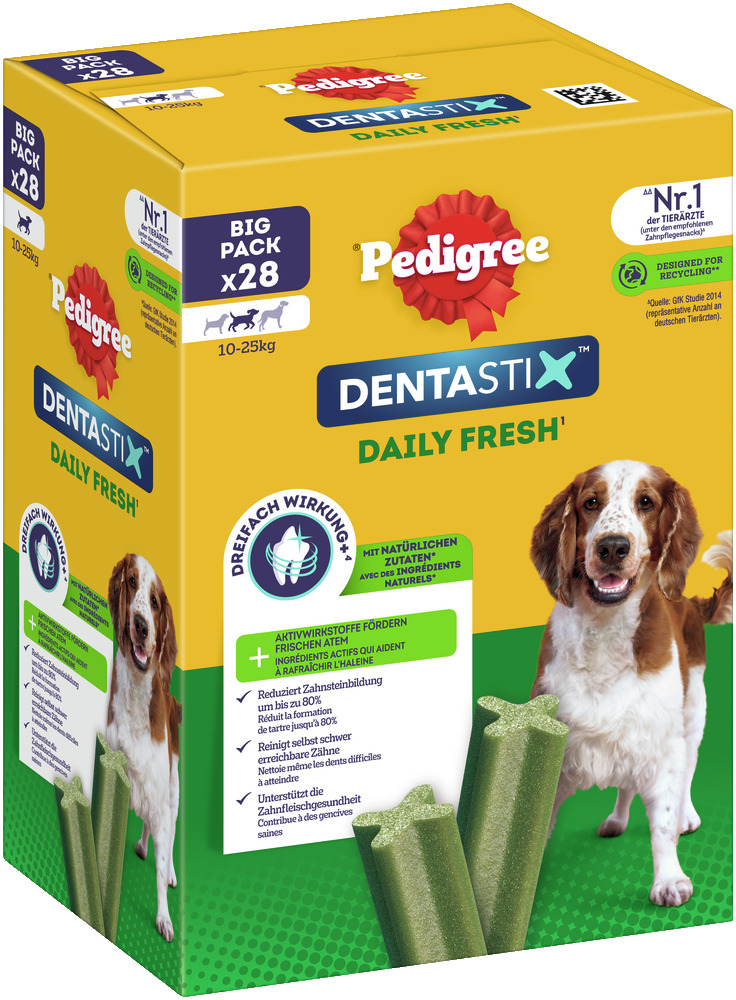 Pedigree Dentastix Daily Fresh, Big Pack 28 Stk., für Hunde 10-25 kg, fördert frischen Atem, reduziert Zahnstein, Zahnpflege.