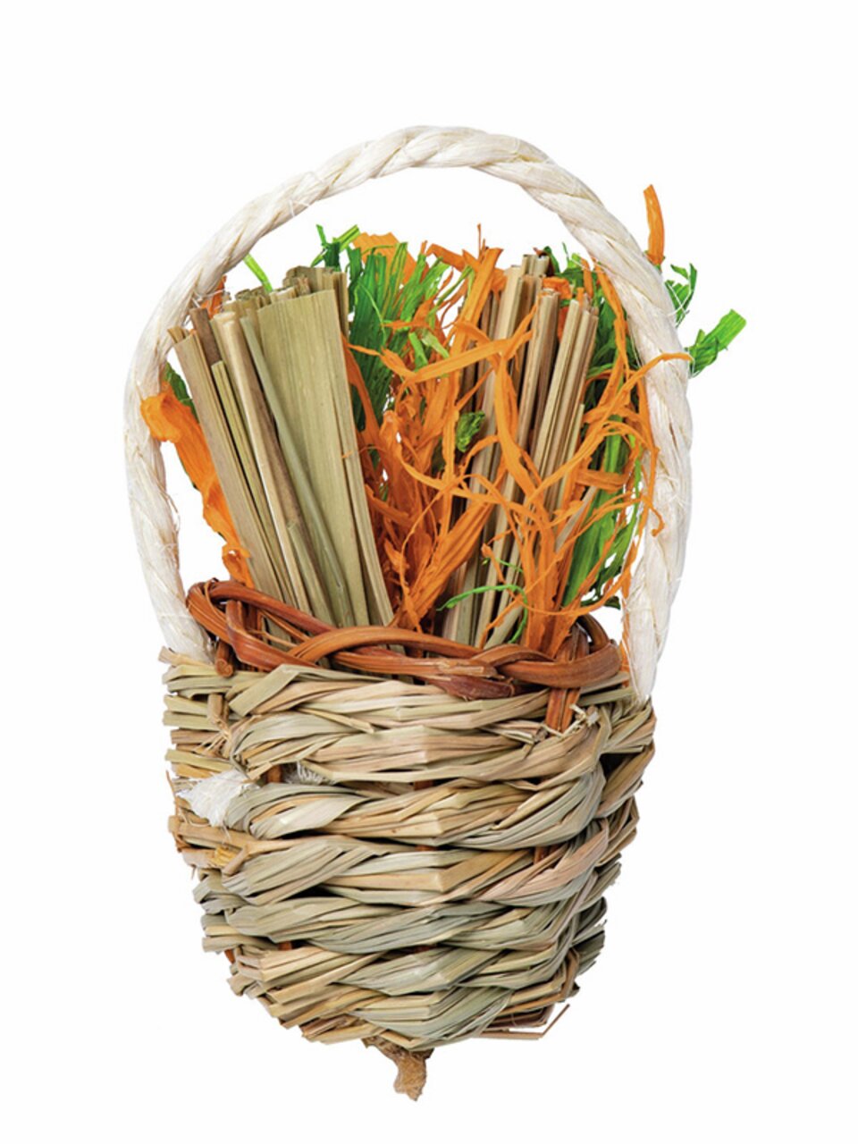 Quapas Korb aus Naturmaterialien, gefüllt mit essbaren Pflanzenfasern (Grün-Orange), für Kaninchen-Meerschweinchen, Zahnpflege & Beschäftigung.
