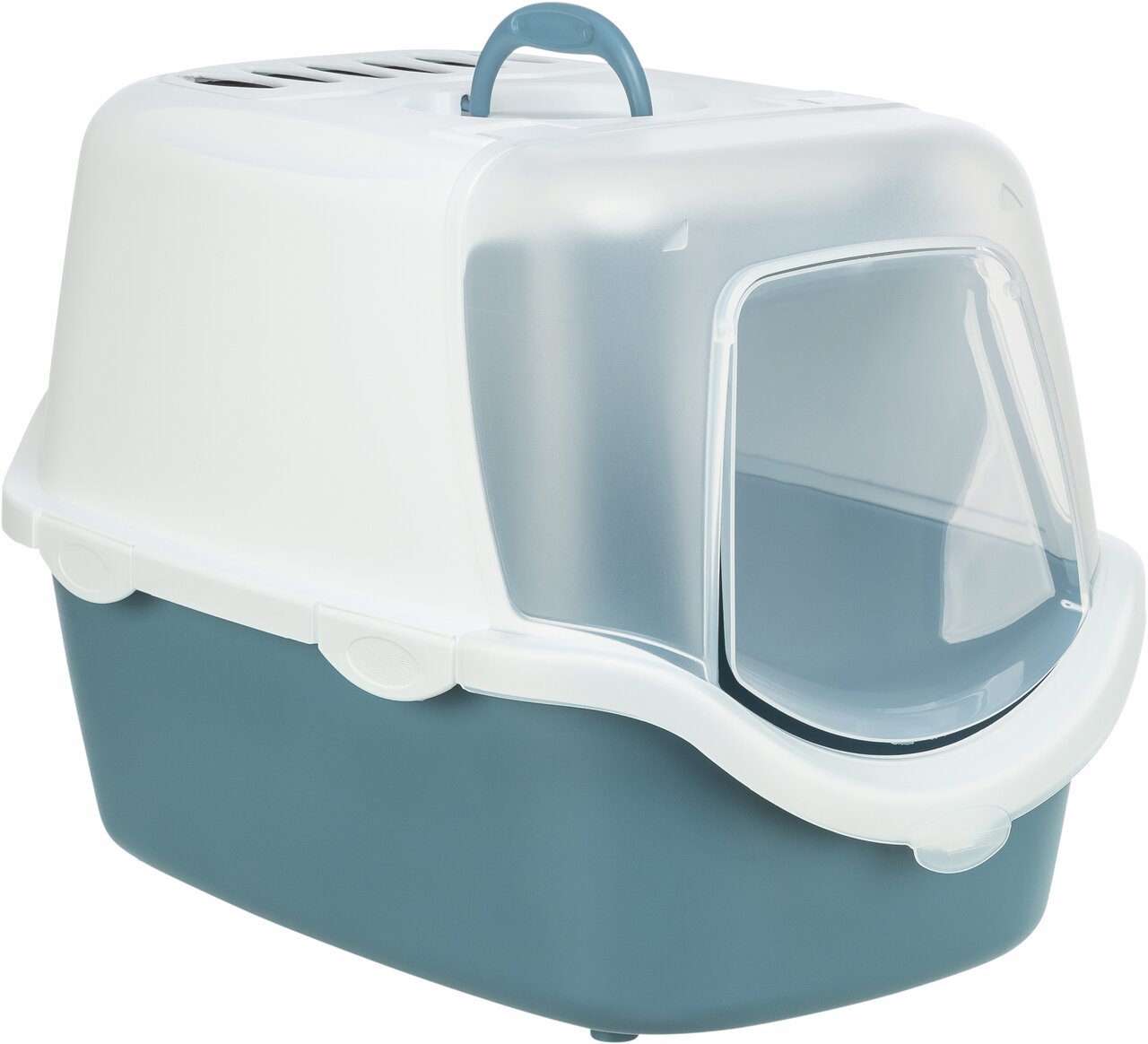 Geschlossene Katzentoilette von TRIXIE aus Kunststoff in Weiß-Blau mit Klapptür