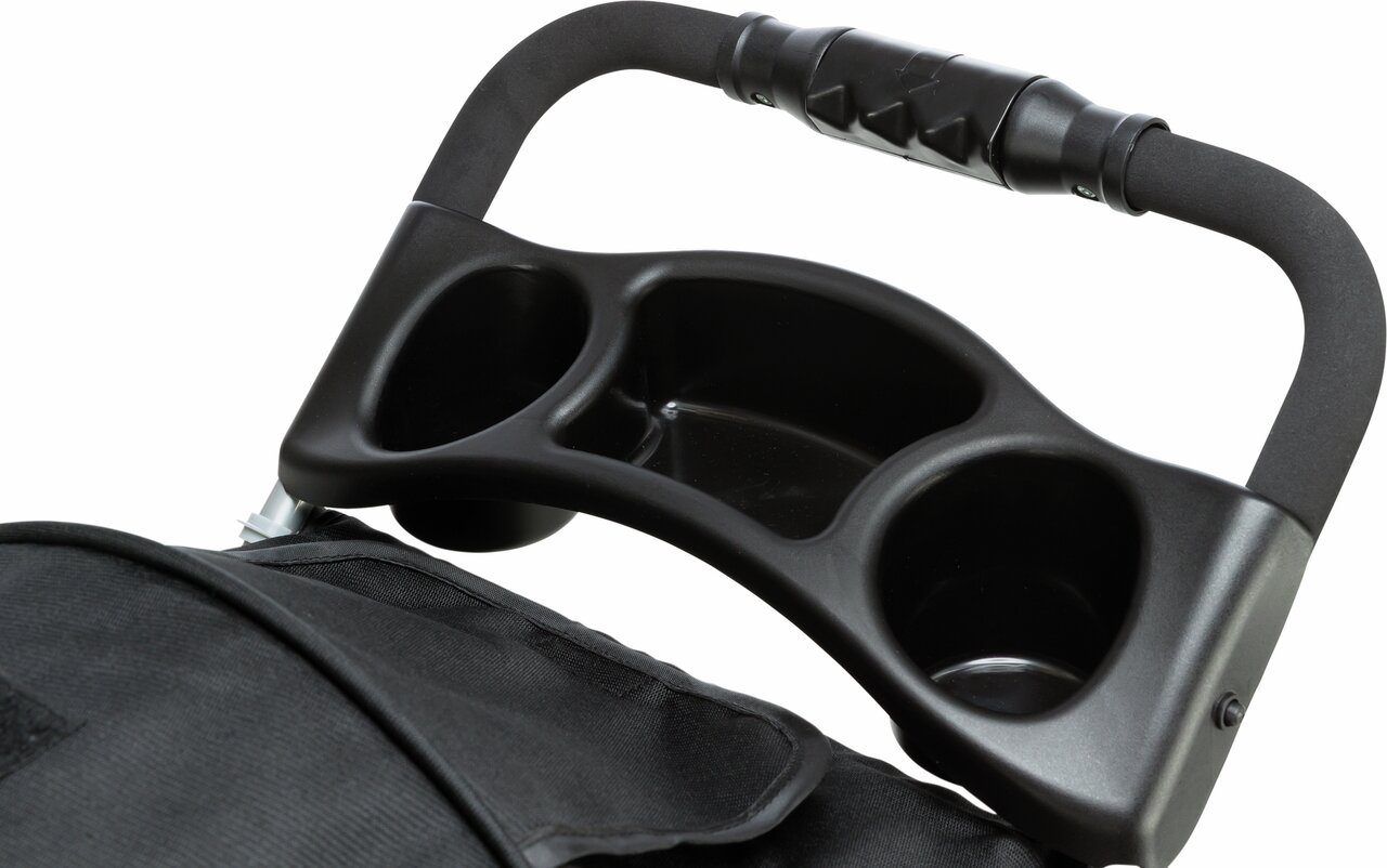 Schwarzer Griff mit Becherhalterungen für den TRIXIE Haustier-Buggy, geeignet für Spaziergänge mit Haustieren, robust und funktional.