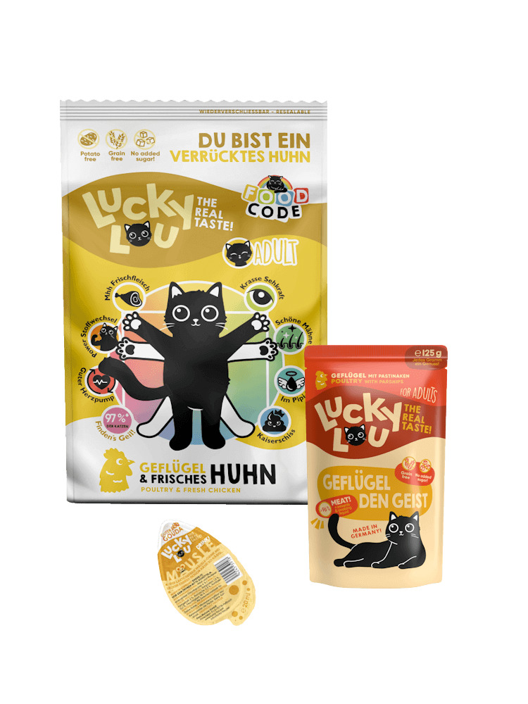 Lucky Lou: Trockenfutter Geflügel+Huhn, Nassfutter „Geflügel den Geist“ m. Pastinaken (125 g), Soße, f. erw. Katzen, „The Real Taste!“.