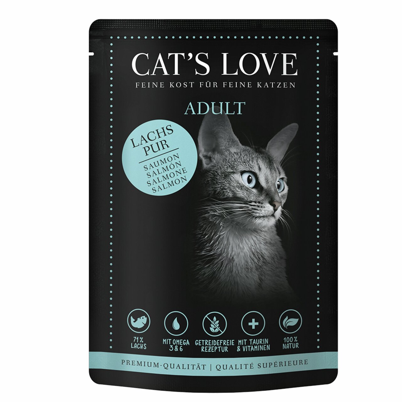 Cat's Love – Feine Kost, Lachs Pur, für ausgewachsene Katzen, 72 % Lachs, getreidefrei, Omega-3--6, Taurin, Vitamine, Premium.