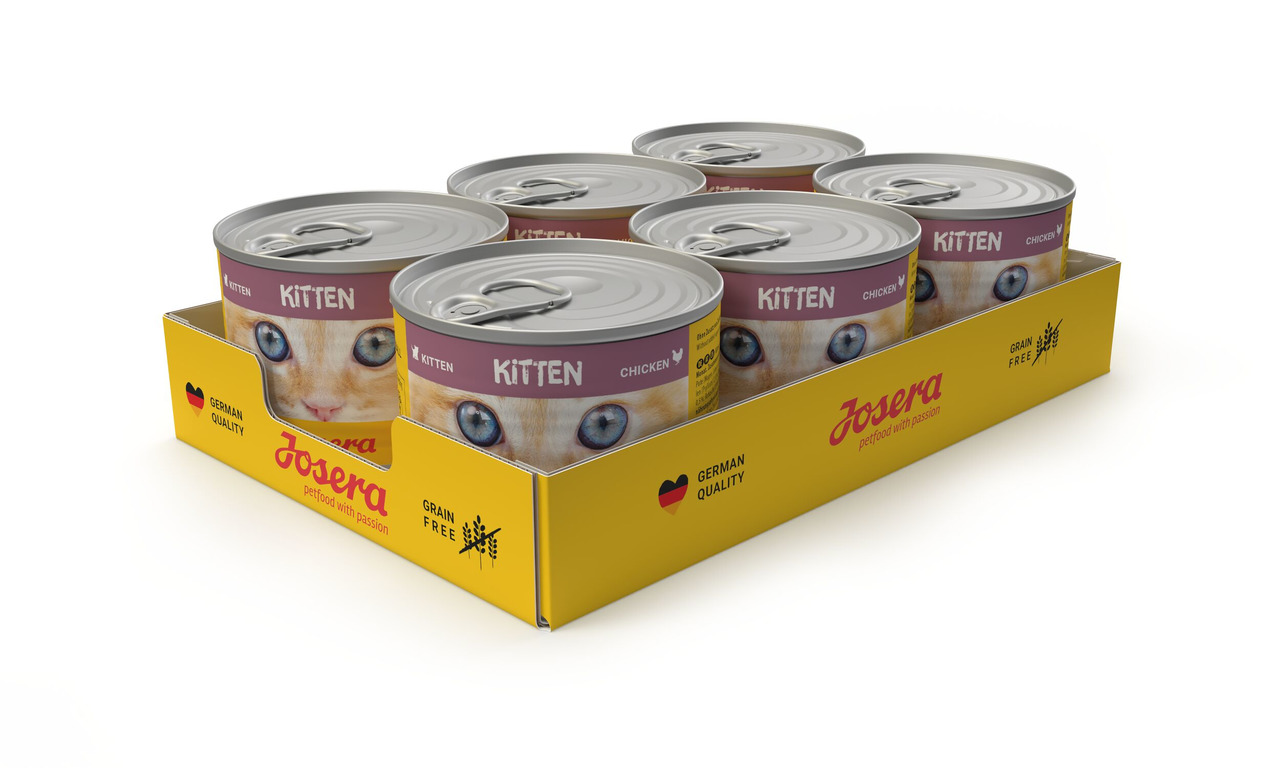 6 Dosen Josera Kitten Nassfutter, Huhn, Grain Free, German Quality, für Kätzchen, gelbe Verpackung, Katzenmotiv, ideal für junge Katzen.