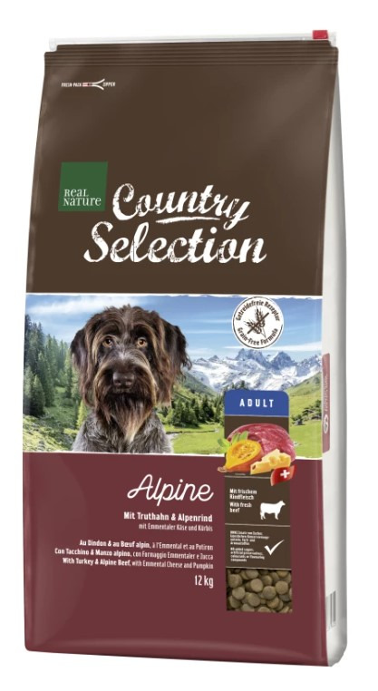 REAL NATURE Country Selection Alpine, 12 kg, für ausgewachsene Hunde, Truthahn & Alpenrind mit Emmentaler & Kürbis.