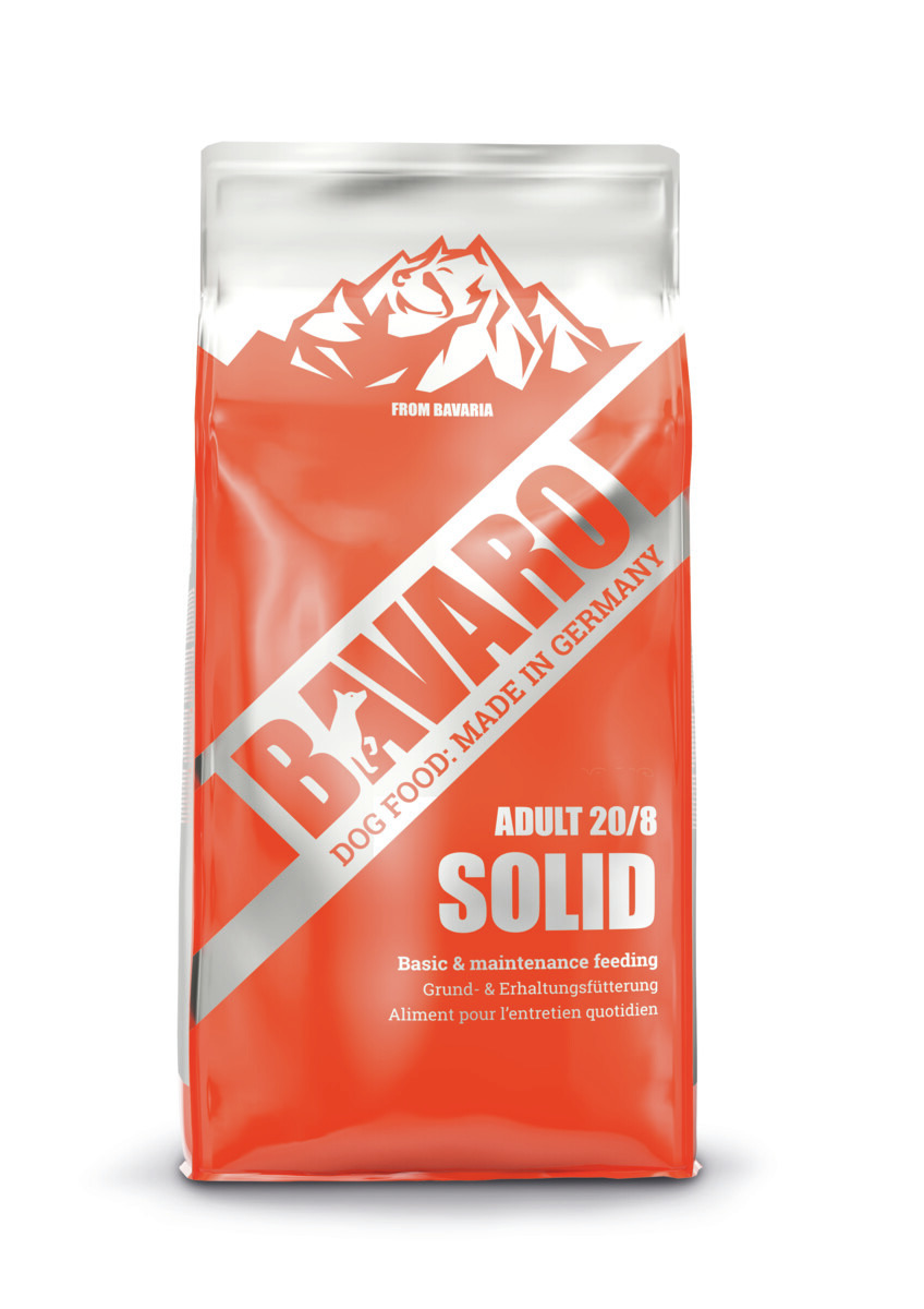 Das Bild zeigt eine orangefarbene Verpackung des Hundefutters „Bavaro Solid Adult 20/8“ von der Marke Bavaro. Es handelt sich um ein Trockenfutter für ausgewachsene Hunde, geeignet für die Grund- und Erhaltungsfütterung. Auf der Verpackung steht „Dog Food