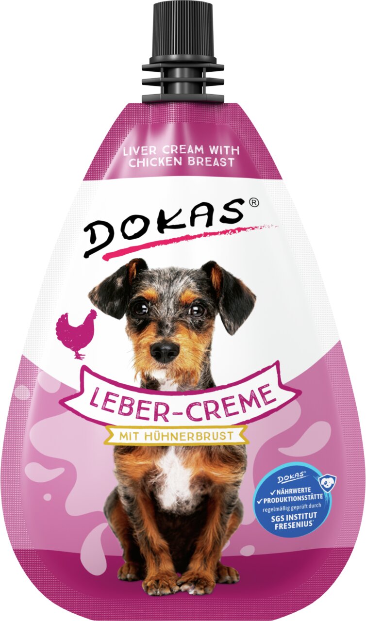 DOKAS Leber-Creme mit Hühnerbrust, für Hunde, Geschmacksrichtung Huhn, würzig-cremig, 75 g, geprüfte Qualität.