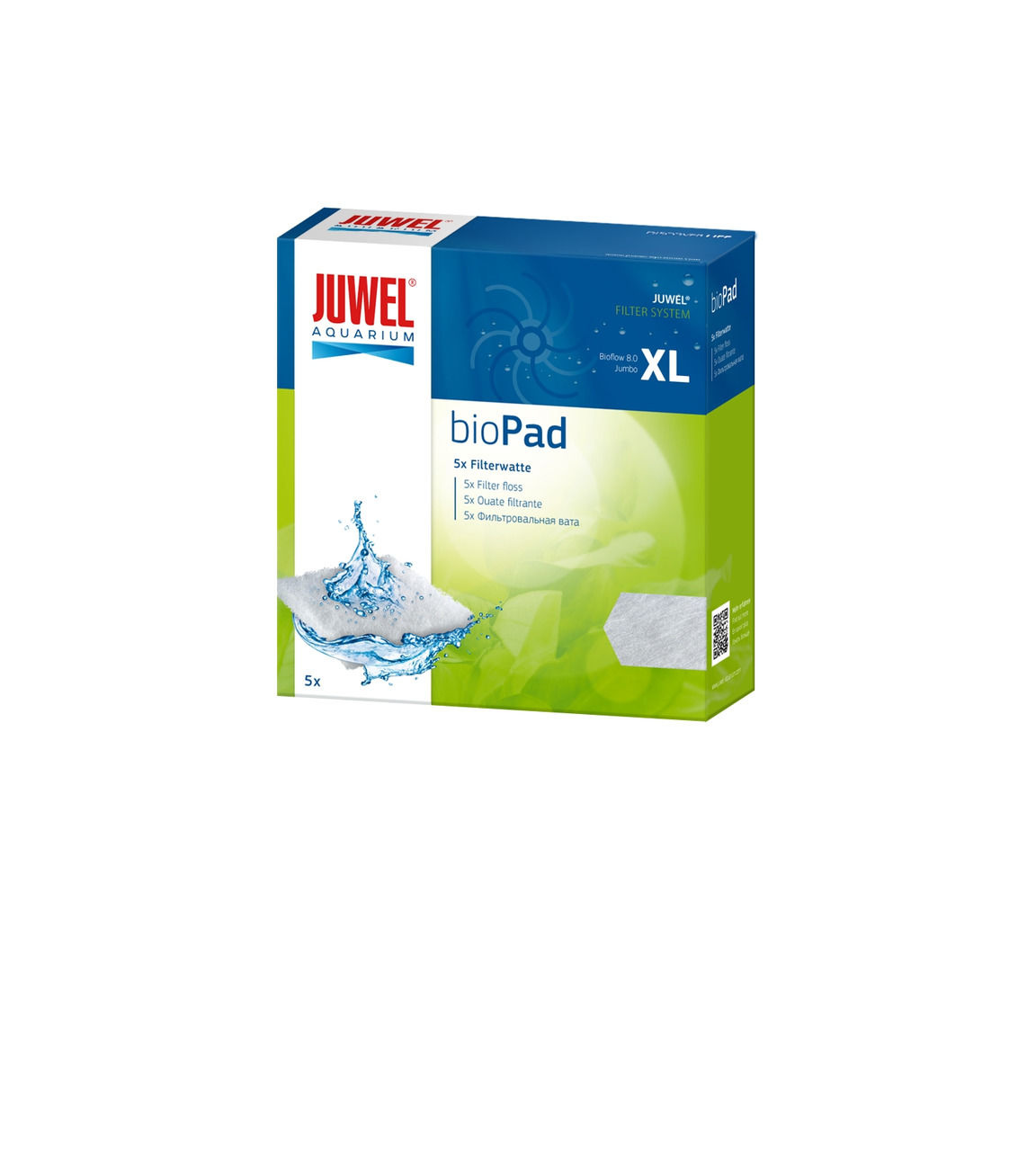 JUWEL bioPad XL Filterwatte, 5 Stk., für Aquarienbesitzer, symbolisiert Frische & Reinheit durch Wasserspritzer & Blattmotiv.