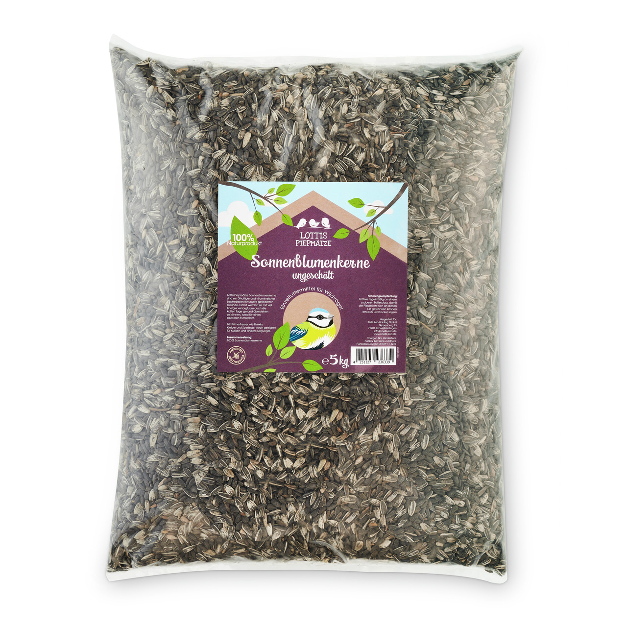 Lottis Piepmätze Vogelfutter für Wildvögel, 5 kg, ungeschälte Sonnenblumenkerne, 100% Naturprodukt.