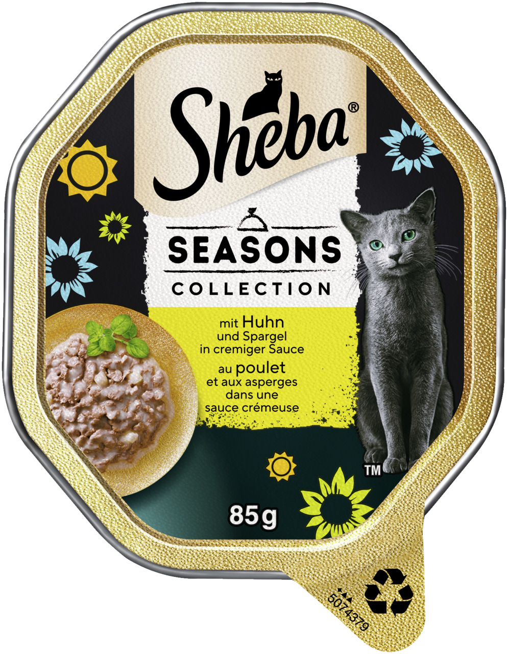 Sheba Seasons Collection Katzenfutter, Huhn & Spargel in Sauce, 85 g, für Katzen, elegantes Design mit goldenen Akzenten.