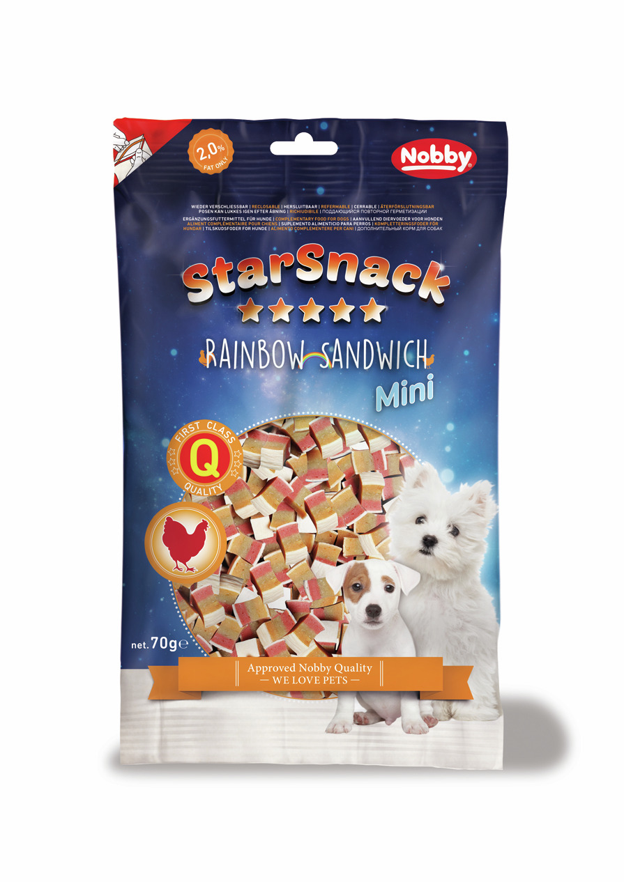 Nobby StarSnack Rainbow Sandwich Mini, Hundesnack für kl.-mittelgr. Hunde, Huhn, fettarm (2 %), hochwertig, 70 g.