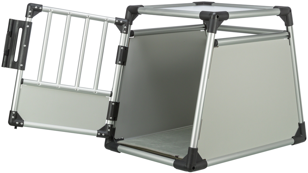 TRIXIE Transportbox f. Hunde, trapezförmig, Alu, Gittertür f. Belüftung, ideal f. mittelgroße-große Hunde, sicherer Autotransport.
