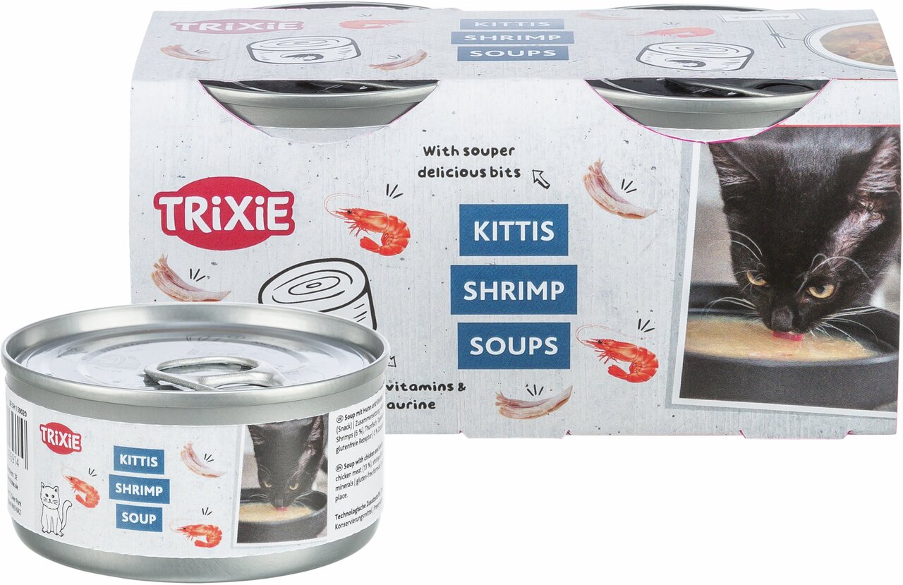 TRIXIE Kittis Shrimp Soups für Katzen, Garnelengeschmack, unterstützt mit Vitaminen und Taurin, 6 x 50 g.