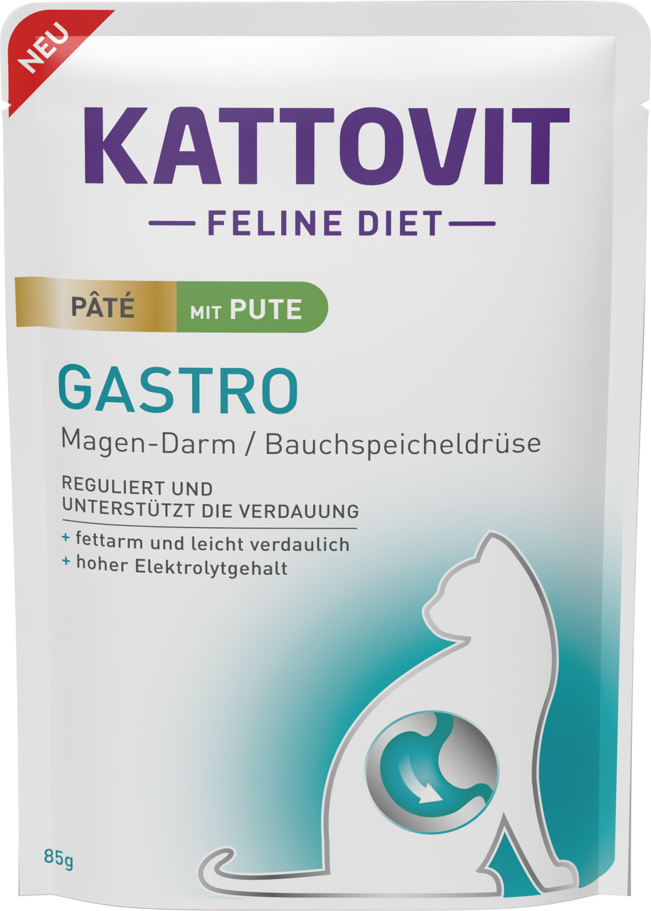 Kattovit Feline Diet Gastro Pâté, Katzen, Pute, fettarm, leicht verdaulich, hoher Elektrolytgehalt, 85 g, Magen-Darm-Probleme.