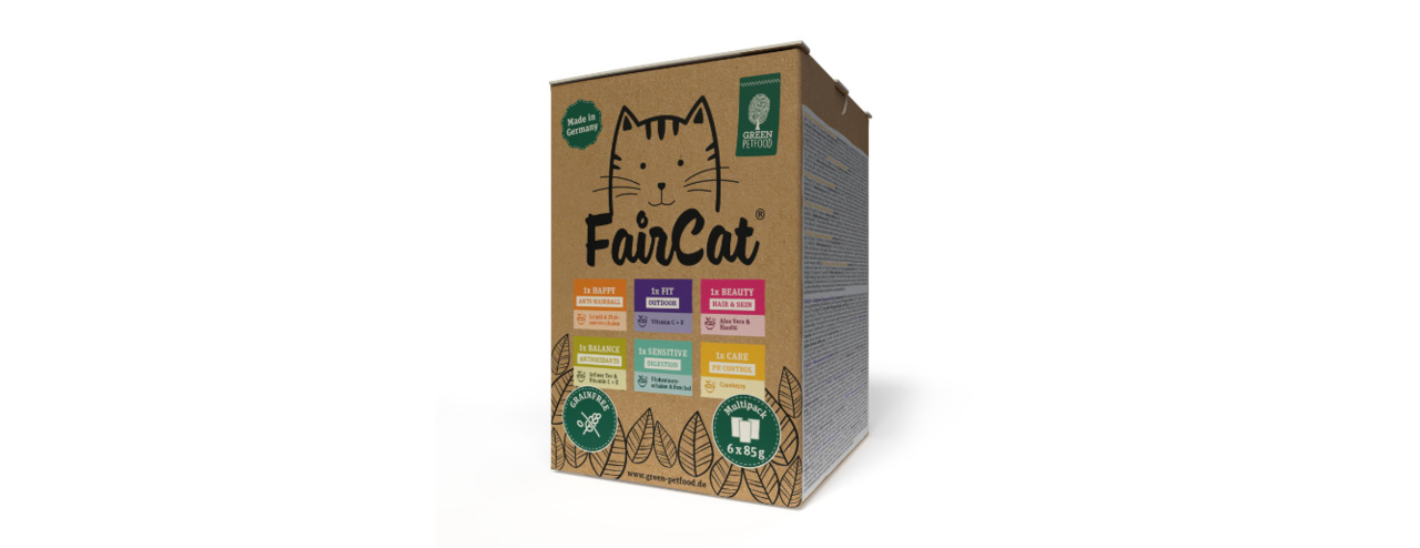 Green Petfood FairCat Katzenfutter, Sorten: Happy, Balance, Beauty, Sensitive, Care, Fit, 6 x 85 g, nachhaltig, Made in Germany.