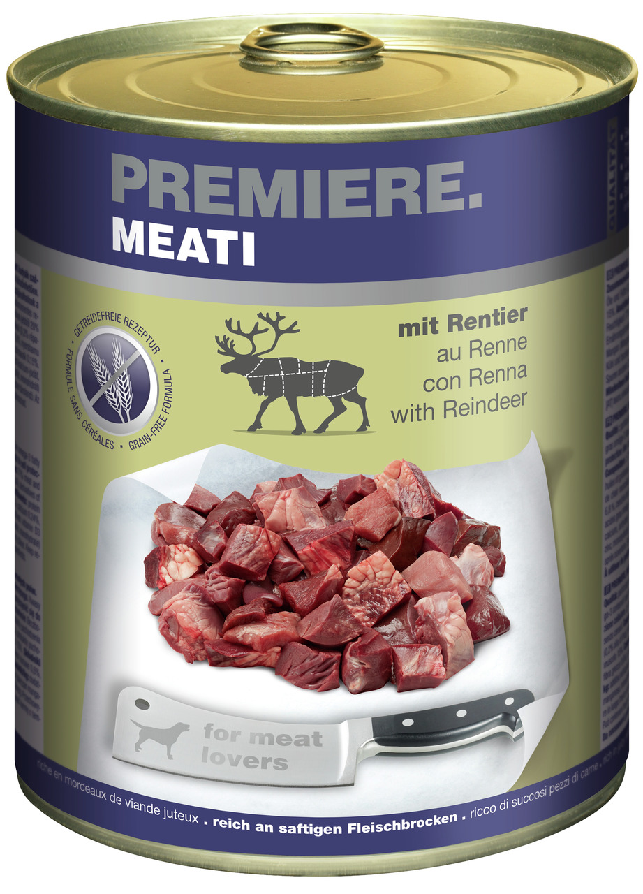 PREMIERE MEATI Hundefutter Rentier, saftige Fleischstücke, 400 g.