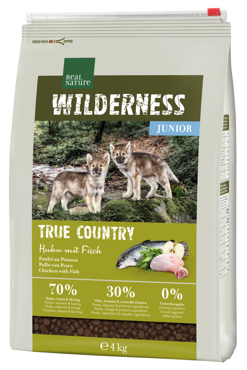 REAL NATURE WILDERNESS Junior True Country, junge Hunde, Huhn/Lachs/Hering, 70 % tier. Zutaten, 30 % Obst/Gemüse, 0 % Getreide, 4 kg.