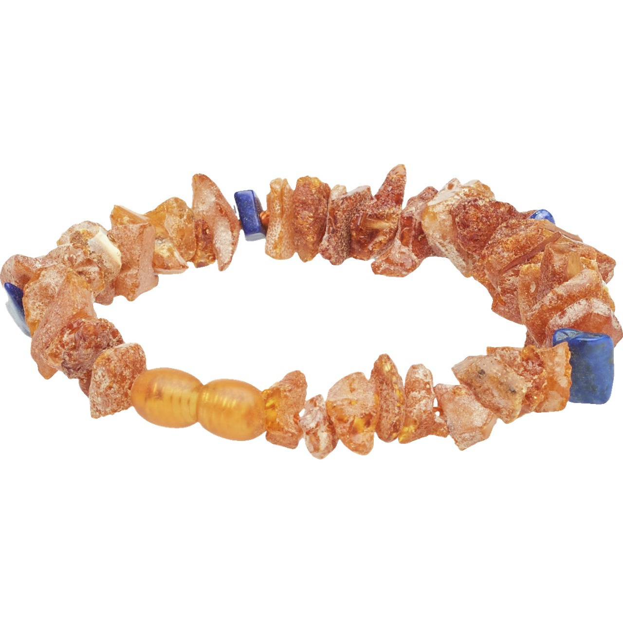 Ein elastisches Armband aus natürlichen Bernstein- und Lapislazuli-Steinen, das in warmen Brauntönen und tiefem Blau gehalten ist. Die unregelmäßigen Formen der Steine verleihen dem Schmuckstück eine rustikale und einzigartige Optik. Ideal als stilvolles 