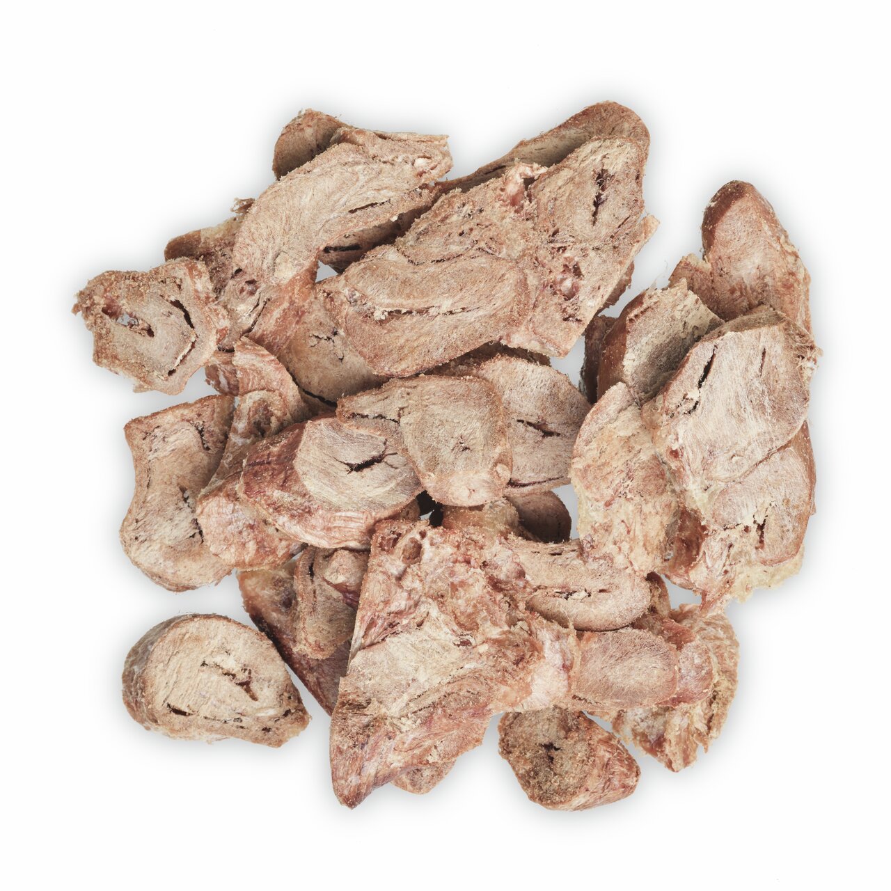 Das Bild zeigt getrocknete Fleischstücke von MINCAS HÄPPCHEN, einem Premium-Snack für Hunde. Die Leckerlis sind speziell für Hunde aller Rassen geeignet und bestehen aus 100 % natürlichem Fleisch ohne Zusatzstoffe. Die Geschmacksrichtung ist Rind. Ideal a