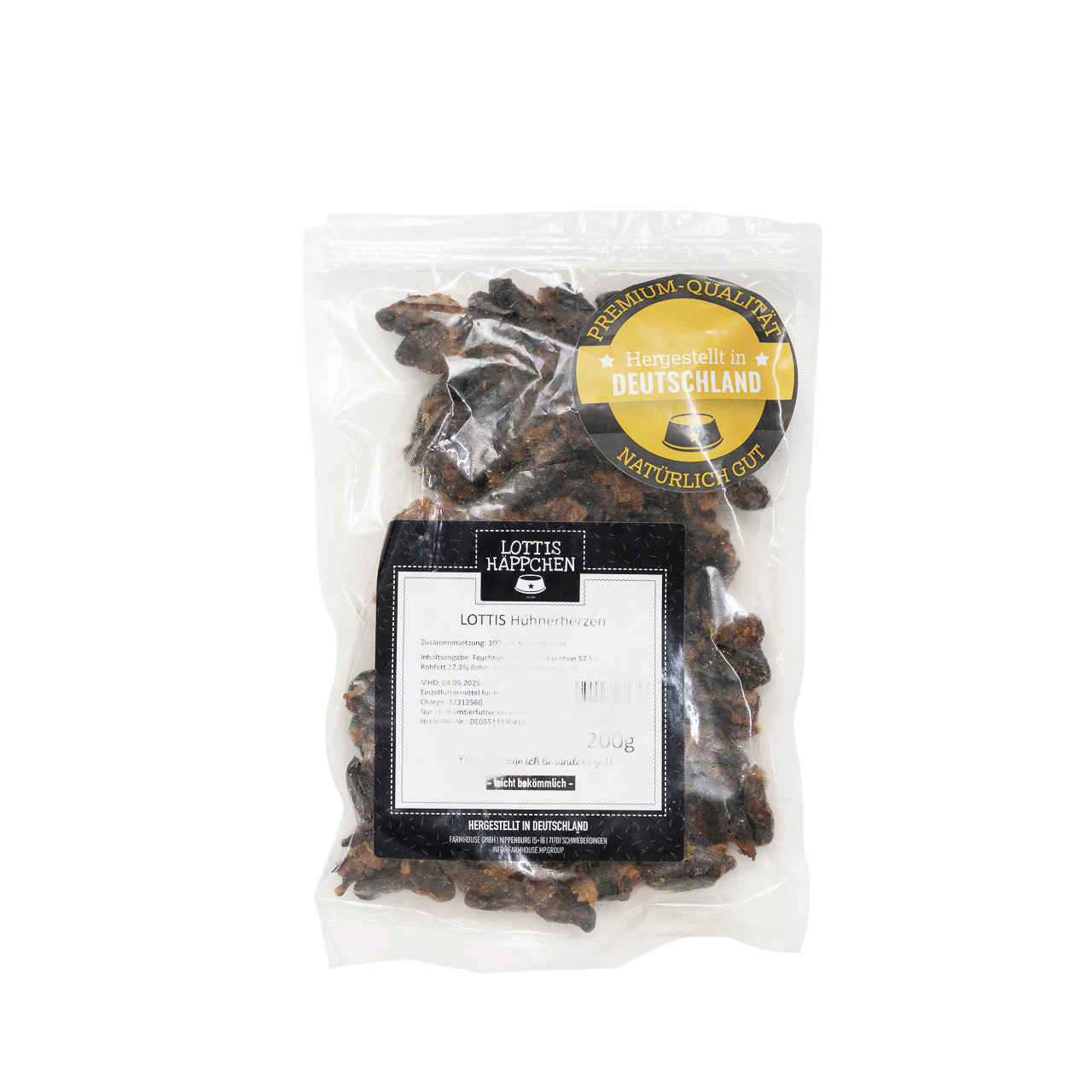 Lottis Häppchen Hühnerherzen, Premium-Snack für Hunde, 200 g, getrocknet, natürliche Belohnung, hergestellt in Deutschland.