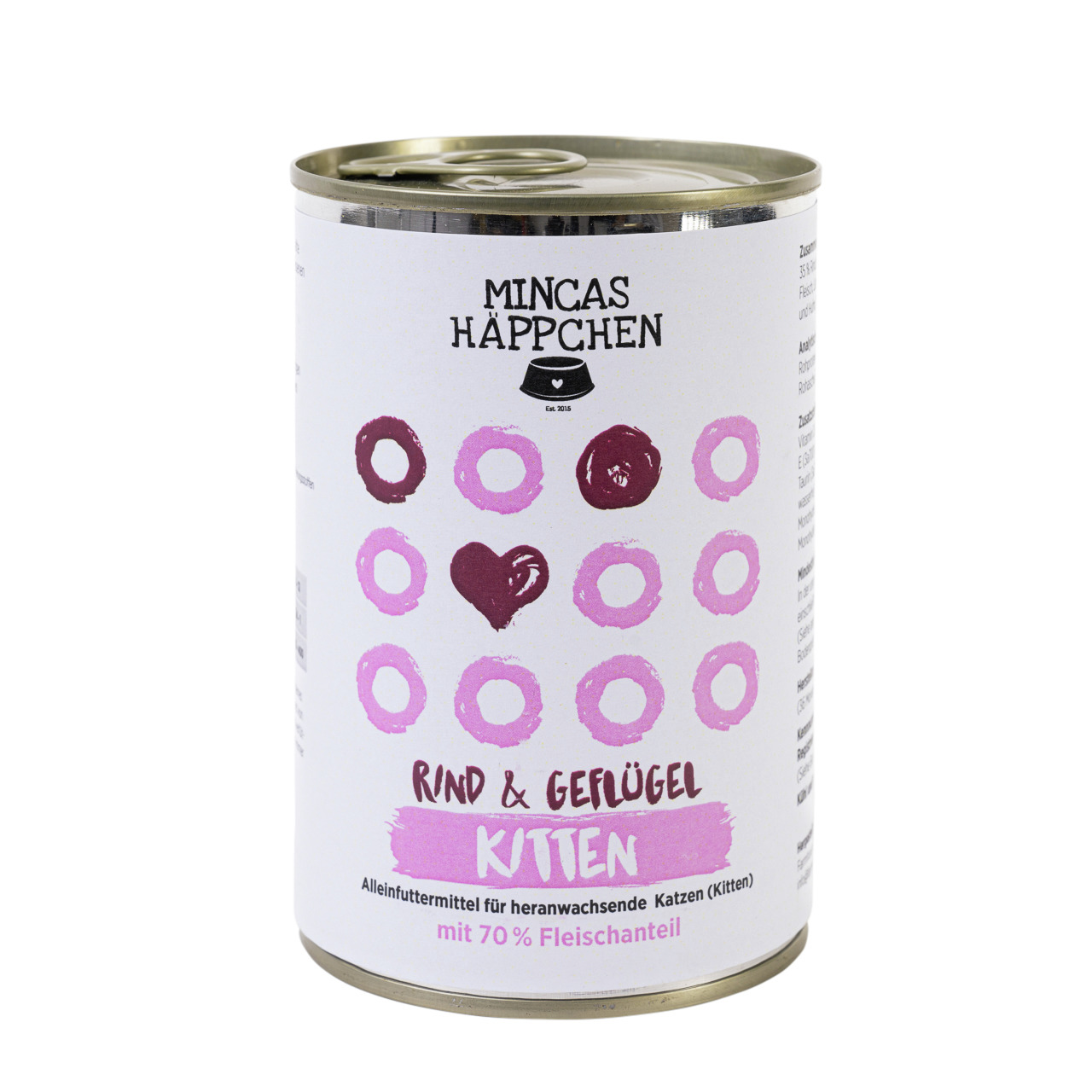 MINCAS HÄPPCHEN Kitten Rind & Geflügel, Alleinfuttermittel, 70 % Fleisch, modernes Design, rosa-violette Kreise, Herzmotiv.