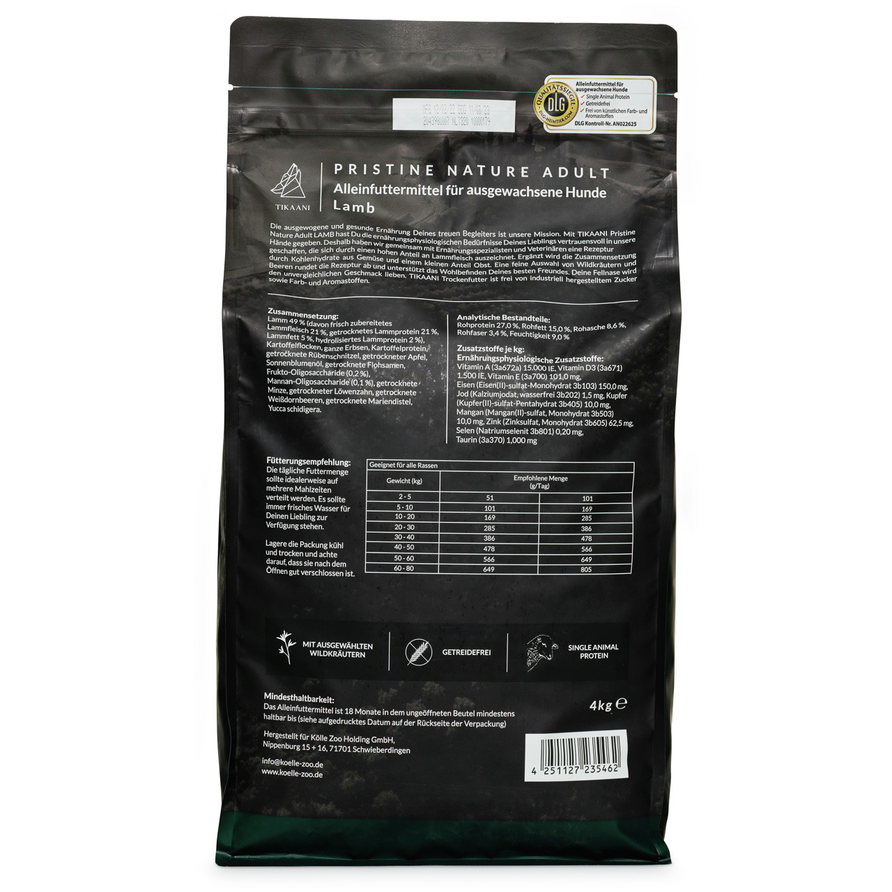 TIKAANI Pristine Nature Adult Lamb, getreidefreies Alleinfutter für Hunde, Lamm, 4 kg, mit Wildkräutern & Single Animal Protein.