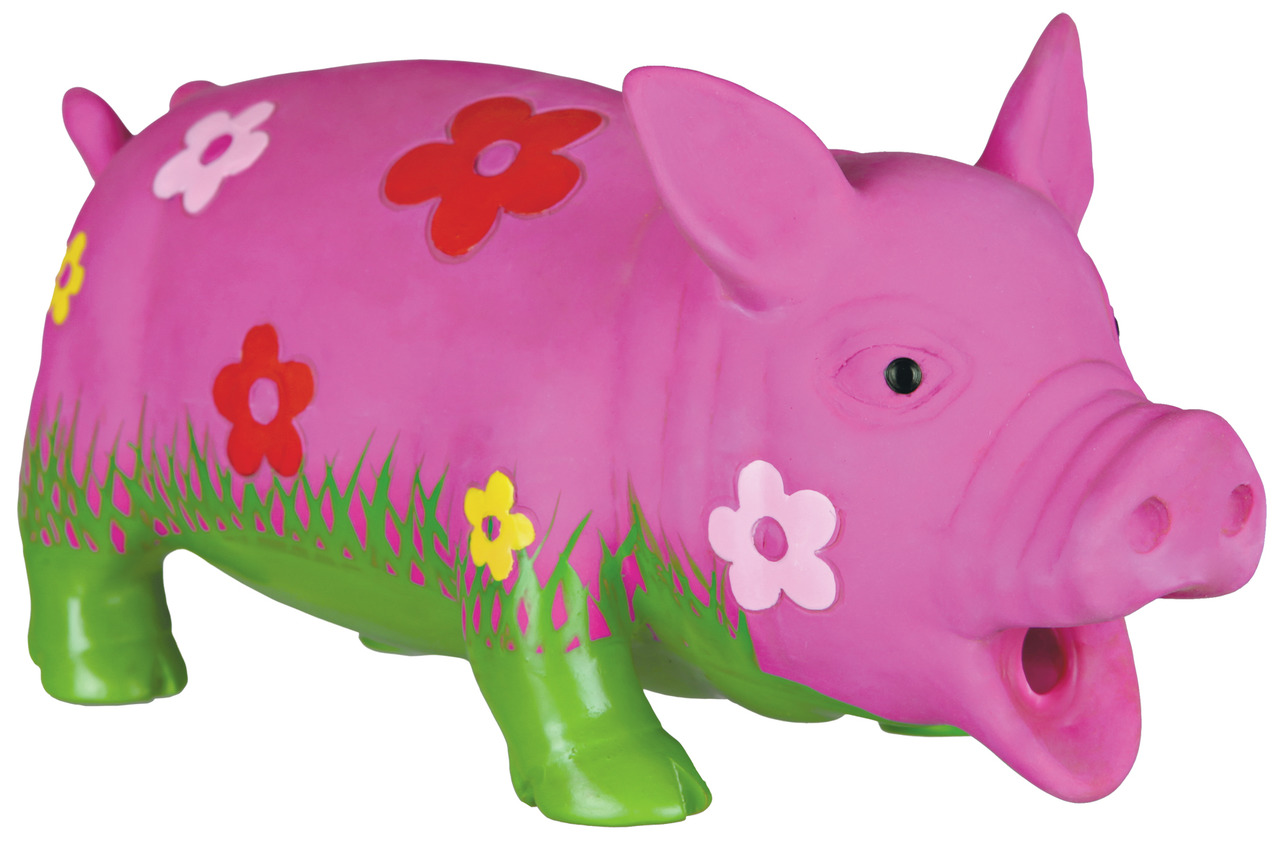 TRIXIE Hundespielzeug „Schweinchen Rosa“, Latex, 23 cm, pink mit Blumen, für Hunde, robustes Kauspielzeug, quietscht bei Druck.