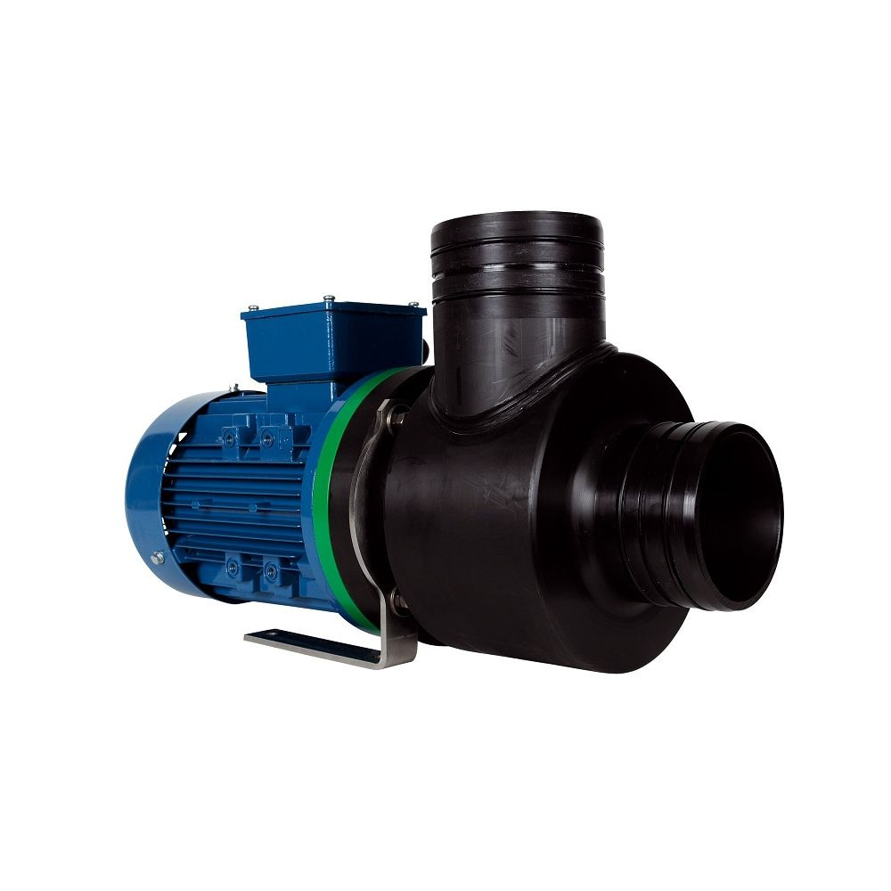 Leistungsstarke Wasserpumpe mit blauem Motor, schwarzem Gehäuse, robust für Industrie/Landwirtschaft, große Anschlüsse für Effizienz.