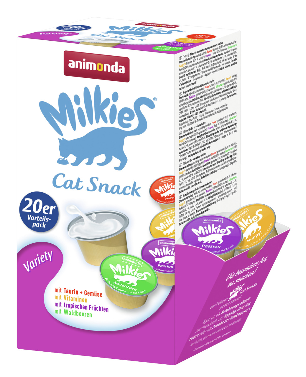 Das Bild zeigt eine Verpackung des Produkts „animonda Milkies Cat Snack Variety“ im 20er-Vorteilspack. Es handelt sich um einen Katzensnack, der speziell für Katzen entwickelt wurde. Die Geschmacksrichtungen umfassen Taurin + Gemüse, Vitamine, tropische F