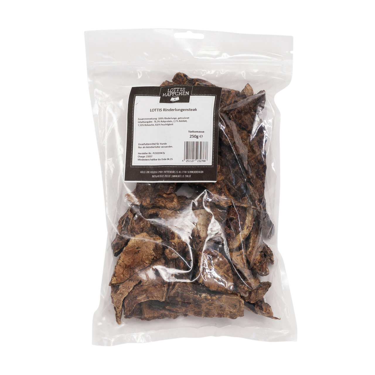 Das Bild zeigt eine transparente Verpackung mit der Aufschrift „LOTTIS HÄPPCHEN Rinderlungensteak“. Es handelt sich um ein Hundefutterprodukt der Marke LOTTIS HÄPPCHEN, speziell für Hunde. Die Geschmacksrichtung ist Rinderlunge, und die Nettomasse beträgt