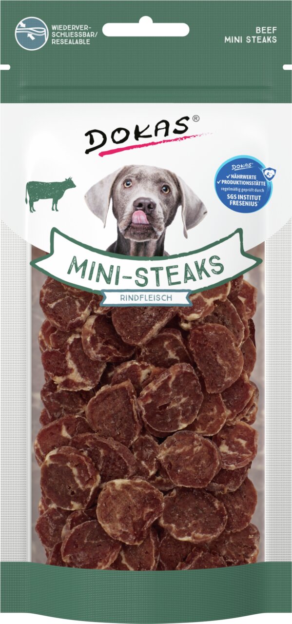 DOKAS Mini-Steaks Rindfleisch für Hunde, nährstoffreicher Snack, wiederverschließbar, Menge: ca. 70 g.