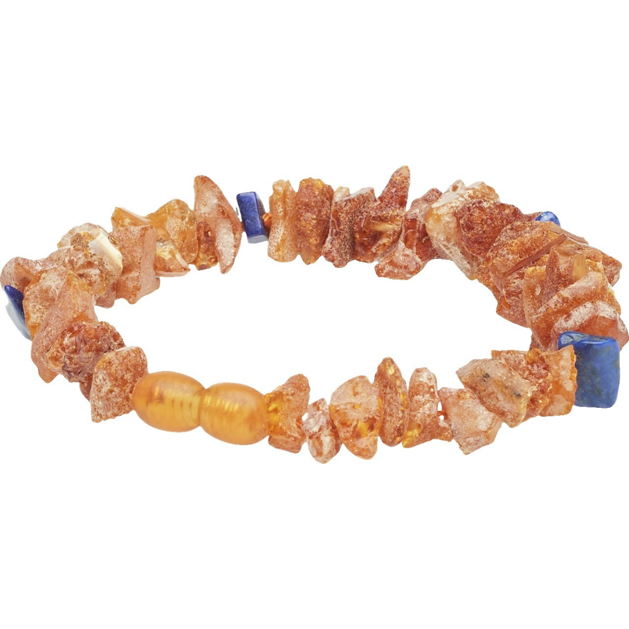 Ein elastisches Armband aus natürlichen Bernstein- und Lapislazuli-Steinen, das in warmen Orangetönen und tiefem Blau gehalten ist. Die unregelmäßigen Formen der Steine verleihen dem Schmuckstück einen rustikalen und einzigartigen Look. Ideal für Liebhabe