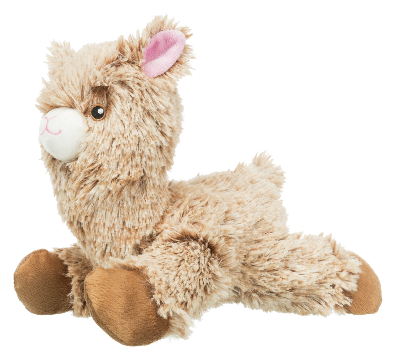 Das Bild zeigt ein Plüschspielzeug in Form eines Lamas der Marke TRIXIE, geeignet für Hunde. Das Lama ist beige mit flauschigem Fell, hat rosa Ohren und braune Pfoten. Es dient als Kauspielzeug und Kuschelpartner für Hunde. Die EAN 4011905356778 identifiz