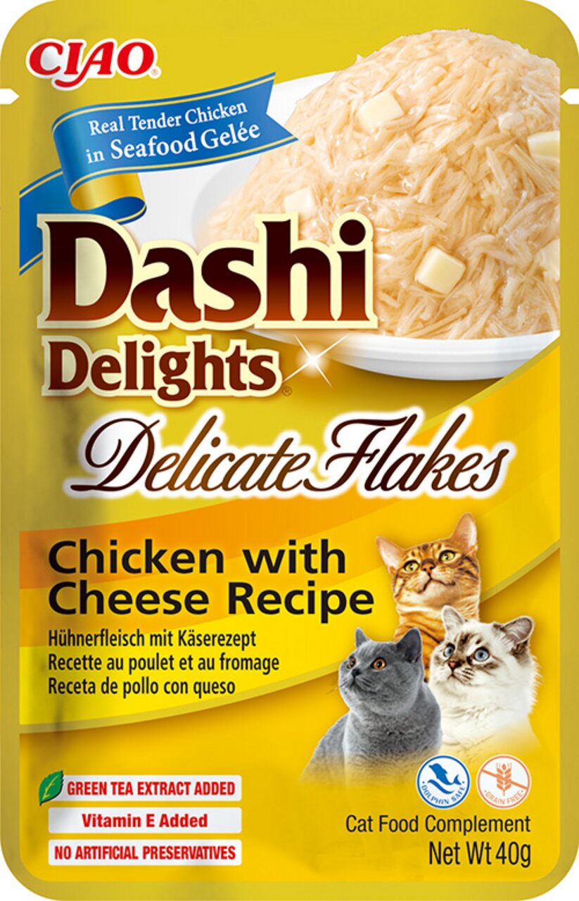 CIAO Dashi Delights Delicate Flakes für Katzen, Huhn-Käse-Rezept in Gelee, mit grünem Tee-Extrakt, Vitamin E, 40 g.