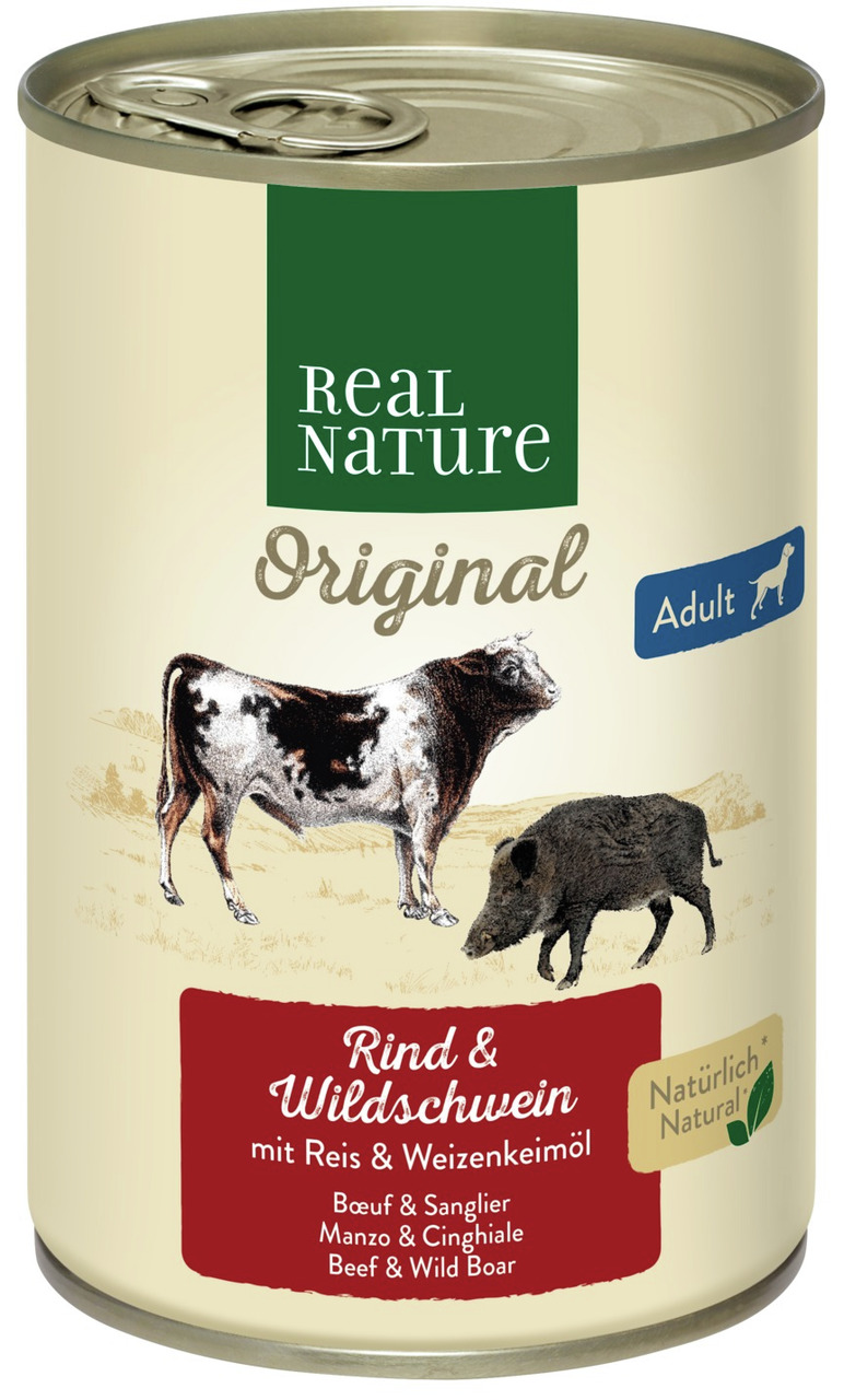Real Nature Original Hundefutter, Rind & Wildschwein mit Reis, für erw. Hunde, nat. Inhaltsstoffe, 400 g.