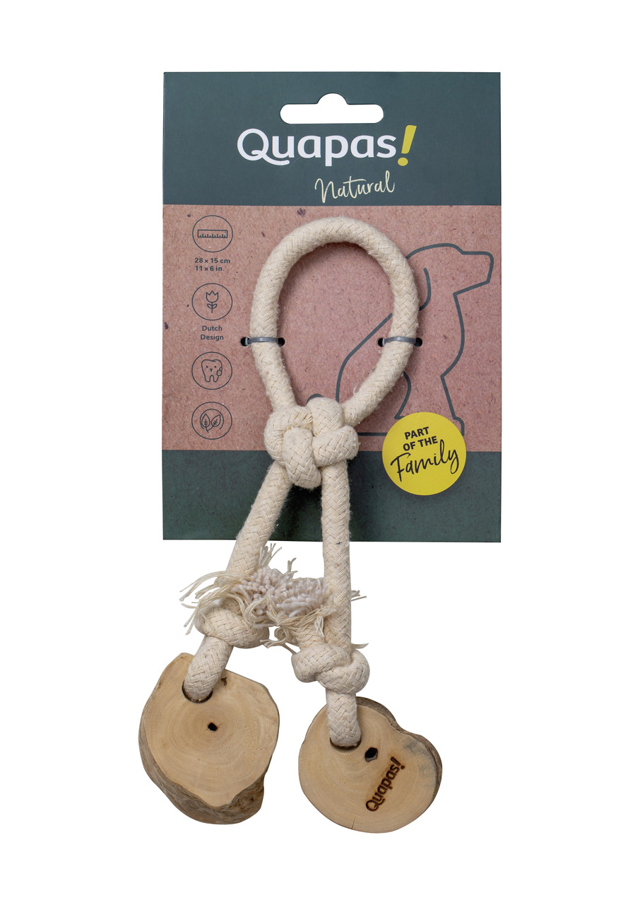 Quapas! Natural Hundespielzeug: Robustes Seil mit 2 Holzscheiben, umweltfreundlich, Zahnpflege, 28x15 cm, ideal für spielerische Beschäftigung.
