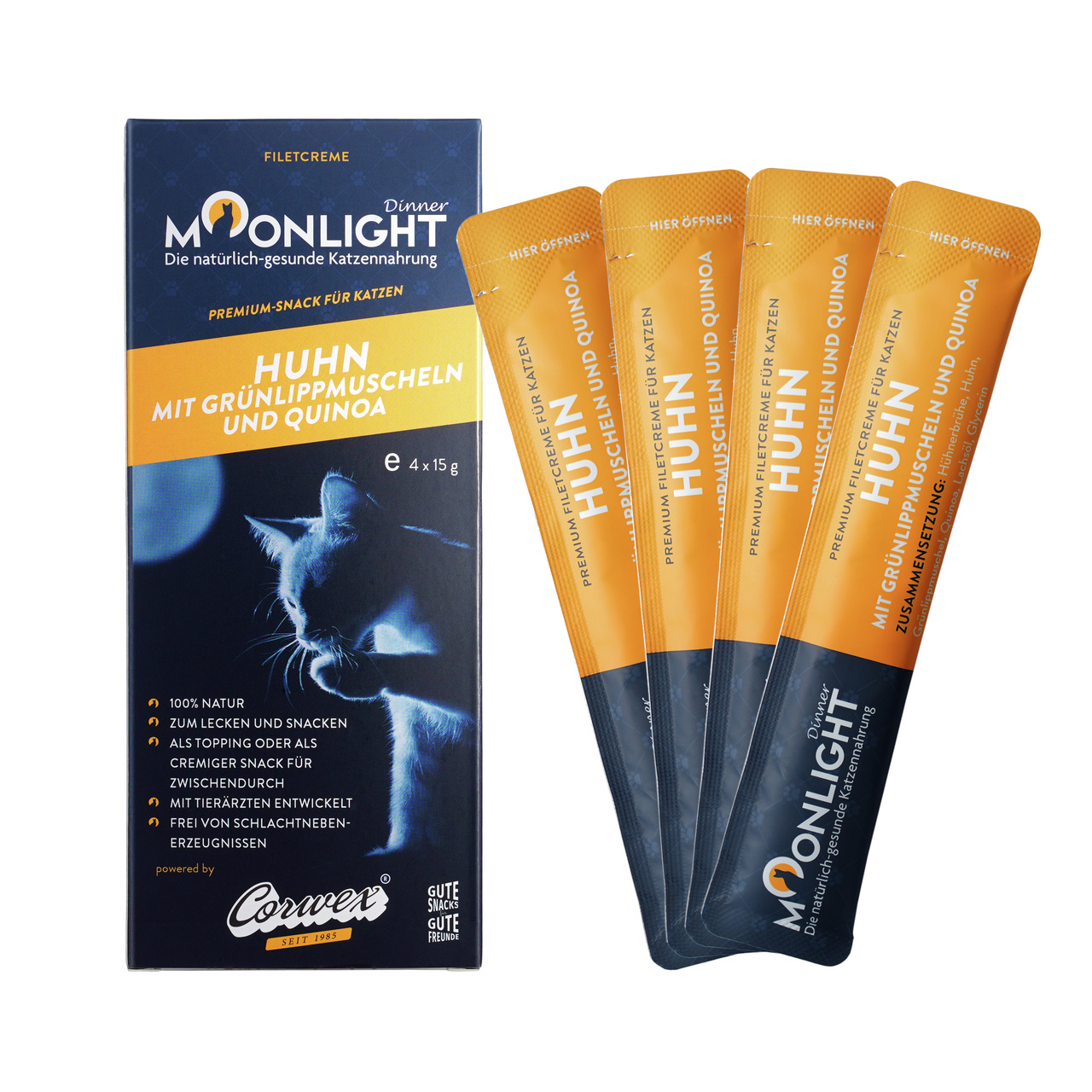 Convex Moonlight Dinner Filetcreme, Snack f. Katzen, Huhn+Grünlippmuschel+Quinoa, 4x15g, 100% nat., ohne Schlachtnebenerz., Topping-Snack.