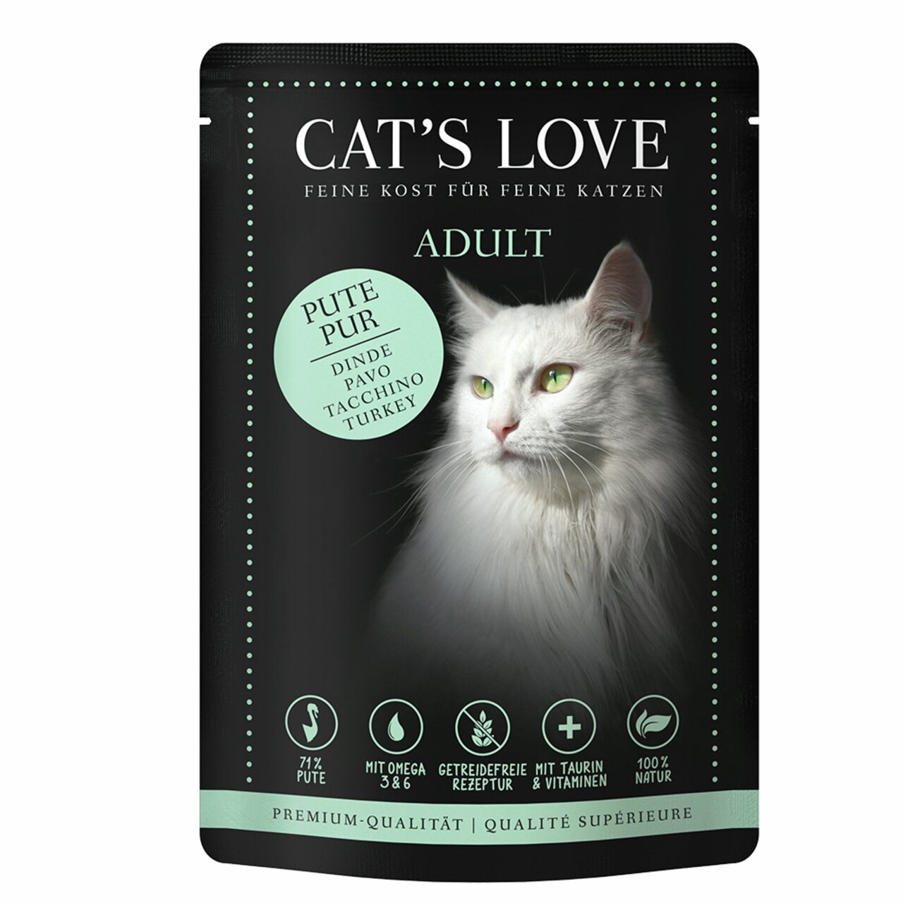 Das Bild zeigt eine schwarze Verpackung des Katzenfutters „Cat's Love – Feine Kost für feine Katzen“ in der Sorte „Pute Pur“ für ausgewachsene Katzen (Adult). Die Verpackung hebt hervor, dass das Produkt zu 71 % aus Pute besteht, getreidefrei ist, mit Tau