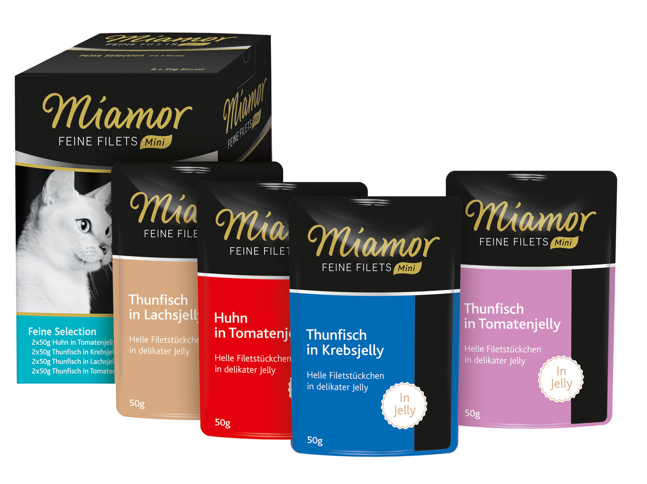 Miamor Feine Filets Mini Katzenfutter: 4x50g, Thunfisch+Lachsjelly, Huhn+Tomatenjelly, Thunfisch+Krebsjelly, Thunfisch+Tomatenjelly.