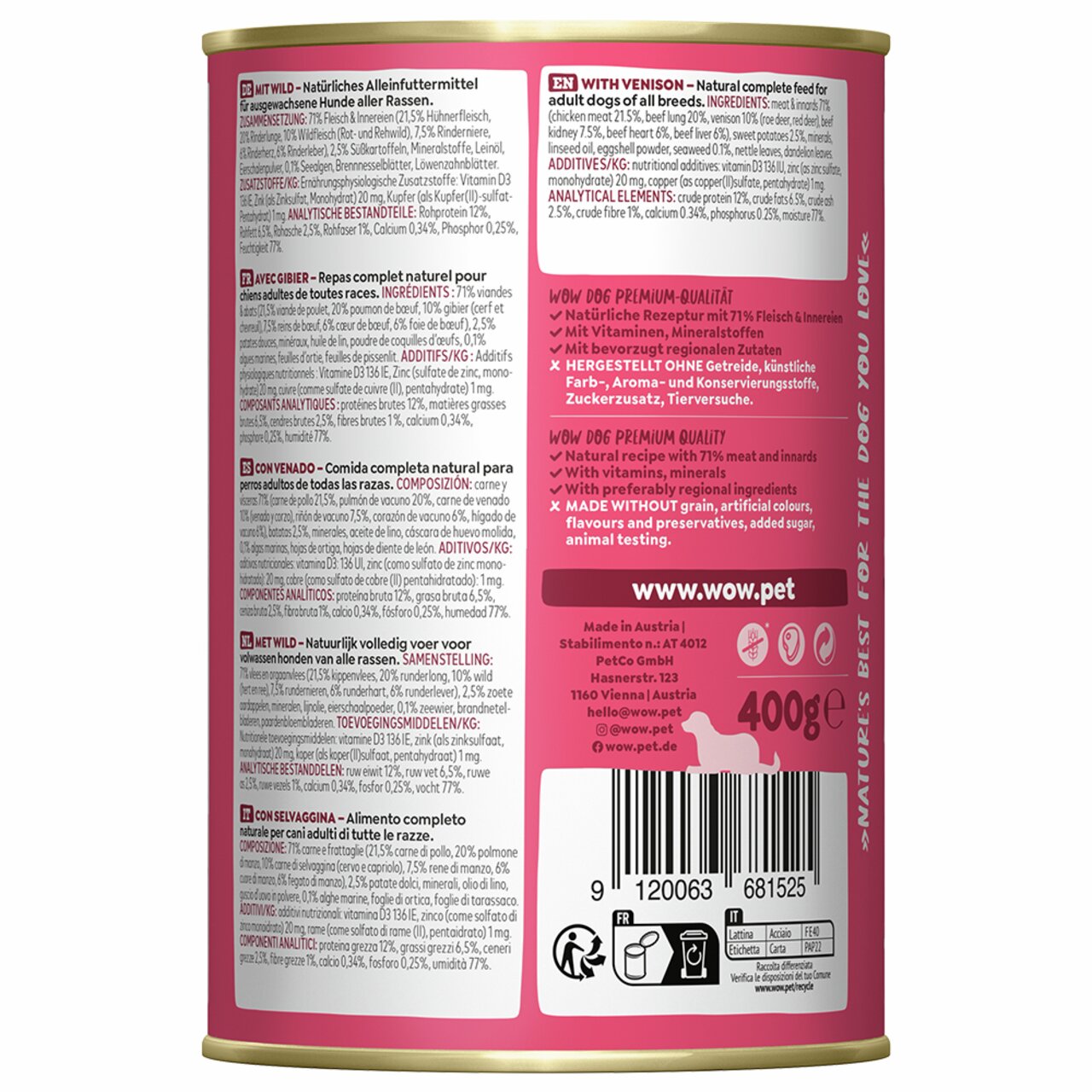WOW DOG Hundefutter mit Wild, für ausgewachsene Hunde, 400 g. Ohne Getreide, künstliche Zusätze, Zucker, mit regionalen Zutaten.