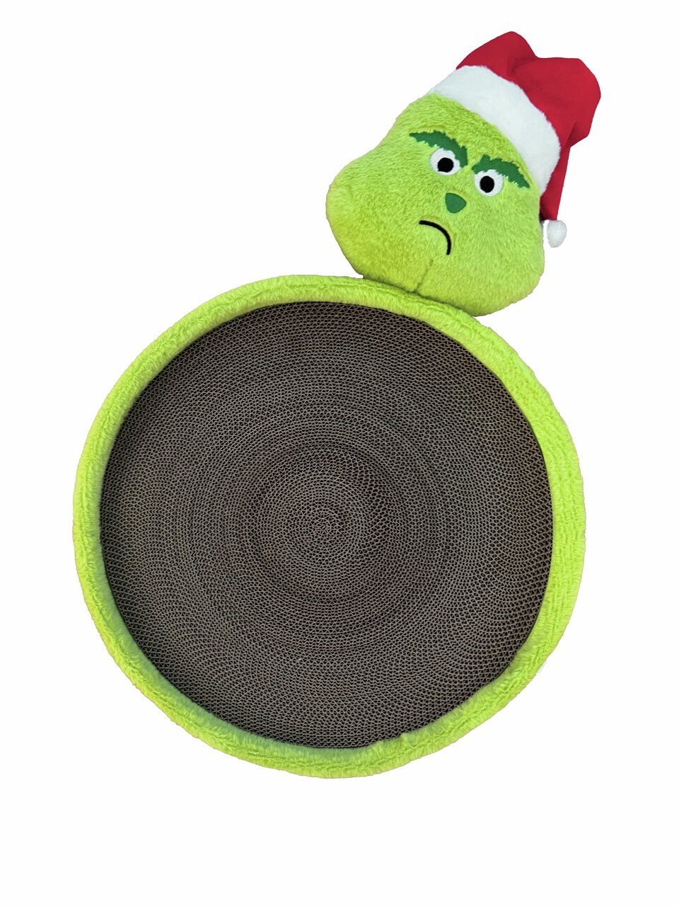 Kratzspielzeug von Aumüller für Katzen, mit grünem Grinch-Design und Weihnachtsmütze, aus Karton und Stoff.