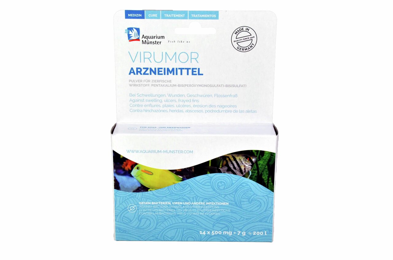 Aquarium Münster Virumor: Arzneimittel f. Zierfische (Pulver), gg. Schwellungen, Wunden, Geschwüre, Flossenfäule. 14x500 mg f. 200 l.